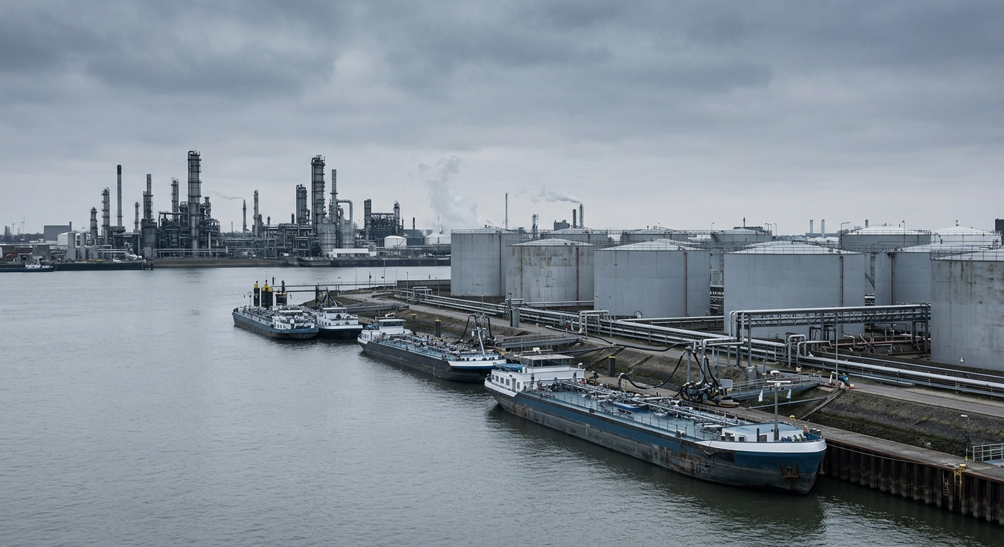Illustrative industrial scene accompanying coverage of European Gasoline Markets Face Severe August Tightness Amid Rhine Disruption and Blendstock Deficits